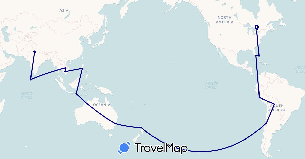 TravelMap itinerary: driving in Australia, Bolivia, Bahamas, Canada, Chile, Indonesia, India, Cambodia, Laos, Sri Lanka, Maldives, New Zealand, Peru, Philippines, Thailand, United States (Asia, North America, Oceania, South America)